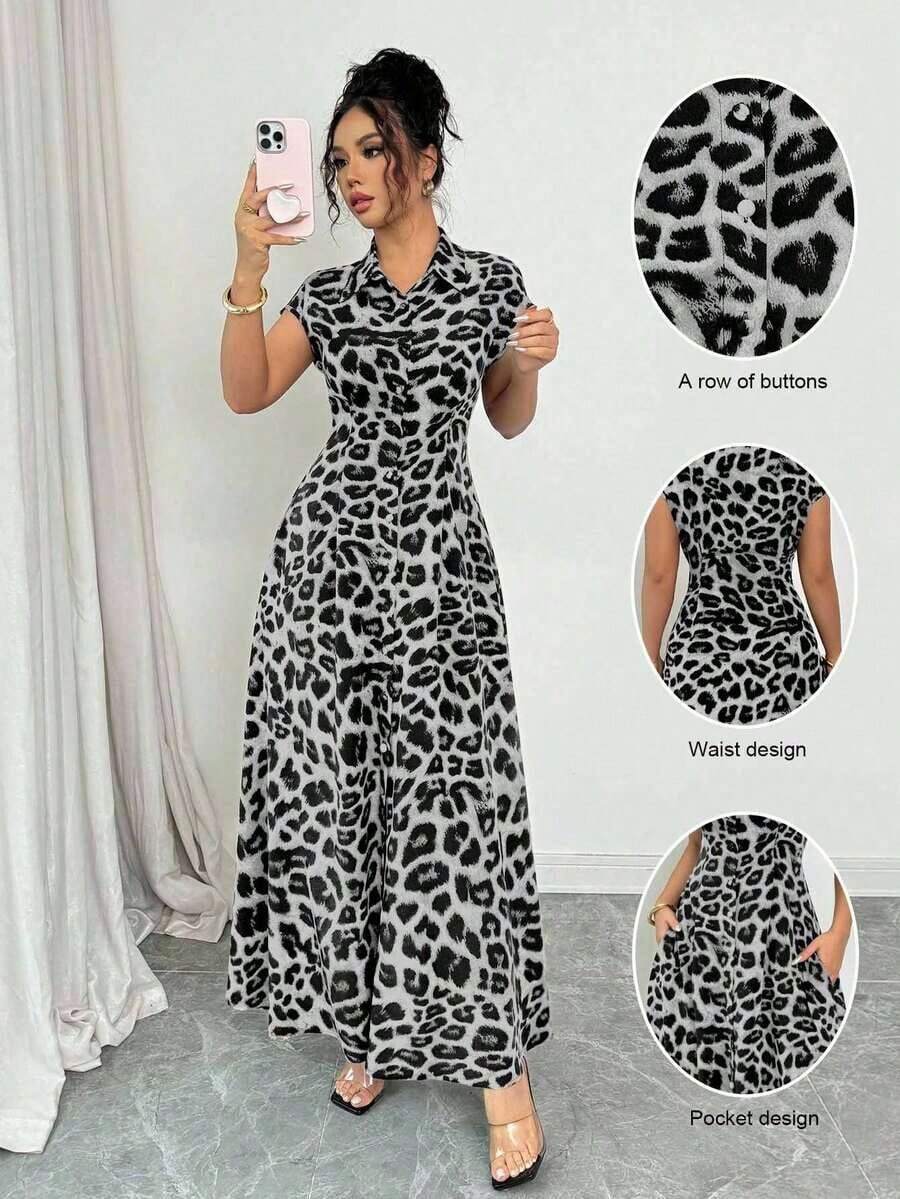 Vestido abotonado de manga corta con cuello, cintura ceñida y estampado de leopardo elegante para mujer - Gris - Ver 1
