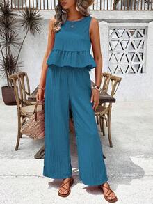 Conjunto casual de 2 piezas con blusa plisada de unicolor y pantalones de pierna ancha para mujer - Niebla azul - Ver 6