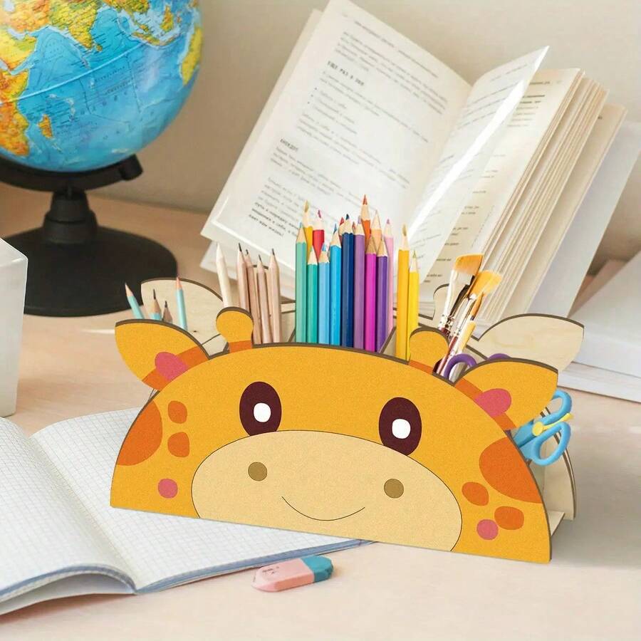 1pc Wooden Giraffe Desk Organizer - Cute Animal Pen Holder Suitable For Office And Classroom, Self-Adhesive, Can Hold Makeup Brushes And Classroom Supplies - Multicolor - View 1