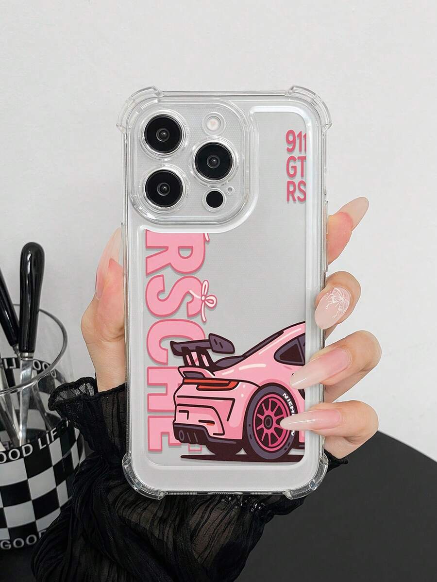 1pc Vintage Car Letter Transparent Cute Thick Anti-Drop Fashionable Printed Phone Case, Compatible With Apple And Series - Clear - View 1