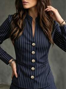 Women's Retro Striped Long Sleeve Blazer Jacket, Stand Collar, Silver Buttons, Polyester, Regular Length, Work Wear Style, Autumn/Winter Fall - Royal Blue - View 7