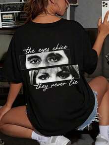 Camiseta oversized branca de algodão com estampa, estilo retrô americano, modelagem casual esportiva, macia e respirável, manga curta, para mulheres, ideal para todas as estações. - Preto - Ver 5
