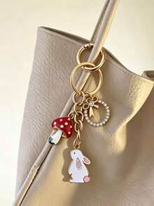 1pc Cute Rabbit & Mushroom Alloy Keychain, Suitable For Women Bag Pendant, Car Key Chain, Couples Birthday & Holiday Gift - Multicolor - View 2