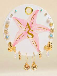 20pcs Fashion Simple Elegant Bohemian Starfish Shell Faux Pearl Pendant Gold Stud Earrings Set For Women, Summer Beach Vacation Date Party Holiday Birthday Gift, Versatile For Daily Wear - Yellow Gold - View 1