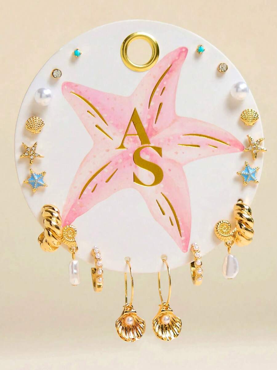 20pcs Fashion Simple Elegant Bohemian Starfish Shell Faux Pearl Pendant Gold Stud Earrings Set For Women, Summer Beach Vacation Date Party Holiday Birthday Gift, Versatile For Daily Wear - Yellow Gold - View 1