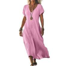 Loose-Fitting Solid Color V-Neck Cotton-Linen Women's Dress - White - View 6