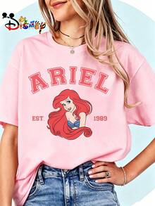 Breathable Cotton Disney Fan Tee | Ariel "Est. 1989" Princess Portrait Print | Classic Disney Pullover Shirt - Hồng - Xem 5