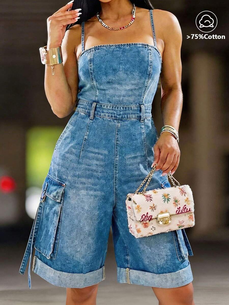 GLOURI Women's Denim Cargo Romper - Spaghetti Straps, Square Neck, Cinched Waist, Rolled Cuffs Casual Streetwear Jumpsuit - 藍色 - 查看 1