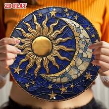 2D Flat - One-Piece 2D Flat Moon Theme Decorative Sign, Circular Design, Sun Shaped Plaque, Rustic Metal Wall Art With Stars, Suitable For Home, Garage, Restaurant Or Cafe Wall Decor - A - View 7