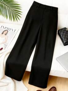 HOMEYEE Plus Size Elegant Black Wide Leg Suit Pants, With Pockets, Fashion Casual Knit Pants Fall - Black - View 5