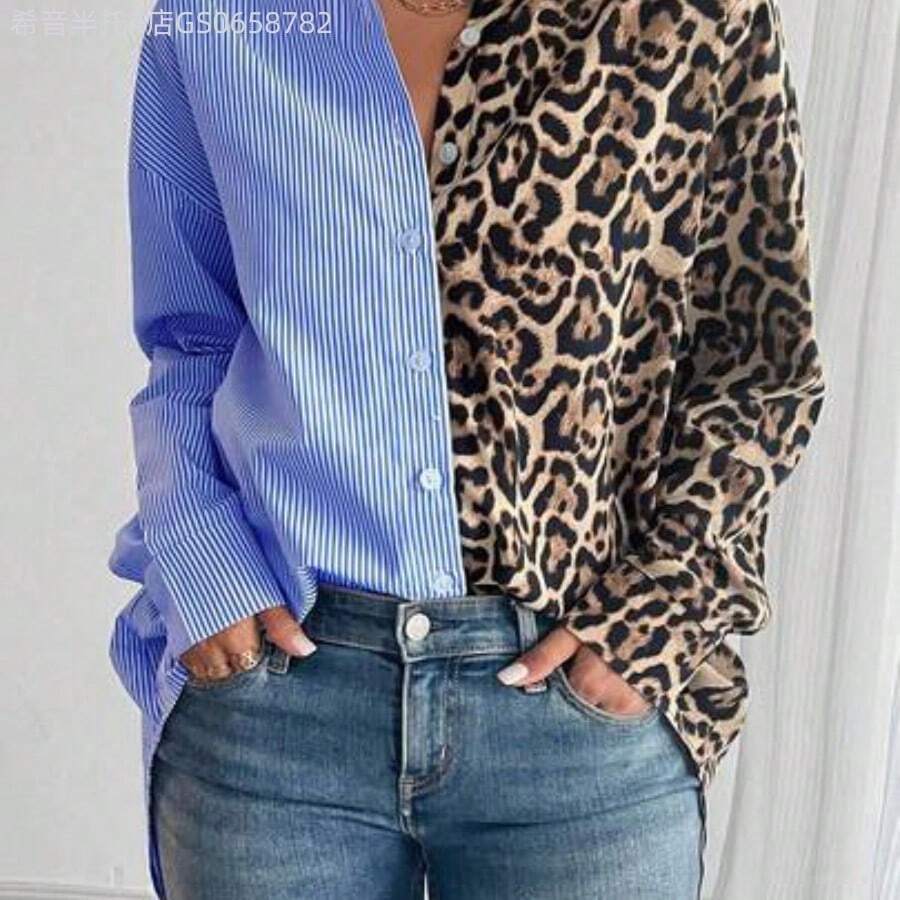 Fengyu Women's Clothing Store Blusa de manga larga holgada y casual con estampado de leopardo y bloques de color en estilo francés elegante para mujer - Azul - Ver 1
