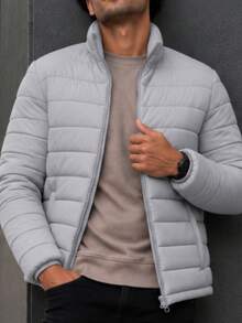 Men's HPC Polo Fleece Puffer Jacket, Warm, Casual, Basic, No Hood, Youthful And Modern Style, Ideal For Winter Or Cold Weather - 淺灰色 - 查看 1