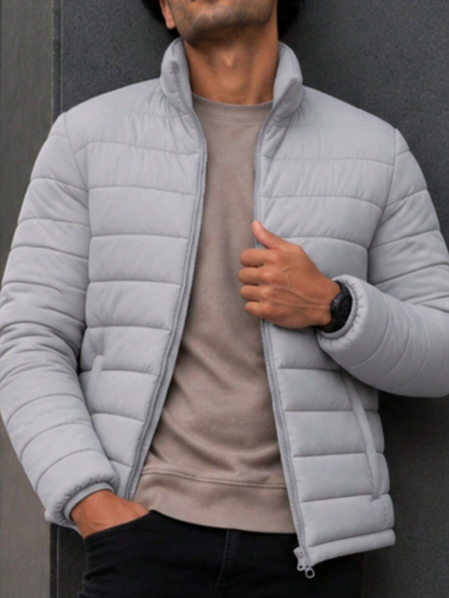 Men's HPC Polo Fleece Puffer Jacket, Warm, Casual, Basic, No Hood, Youthful And Modern Style, Ideal For Winter Or Cold Weather - 淺灰色 - 查看 1
