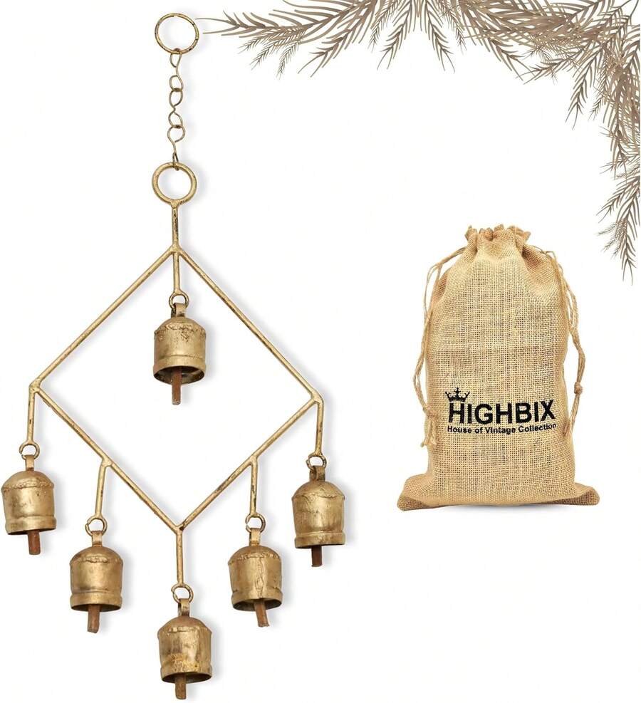 Handmade Rustic 6 Bells Hanging Wind Chime U2013 Vintage Cow Bells On Metal Frame, Boho Farmhouse Wall Hanging, Wind Chime For Home, Patio, Garden &Amp; Christmas Décor - White - View 1