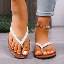 Spring/Summer New Thong Sandals, Round Toe Flat Flip Flops, Casual Indoor/Outdoor Slippers - White Brown - View 12