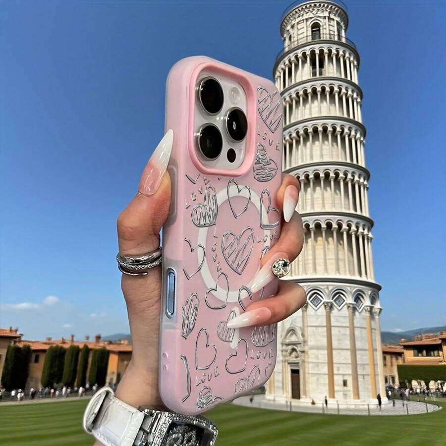 Phone Case - A Phone Case With A Full-Screen English Heart Design, Featuring A Minimalist Macaron Color And A Jelly-Like Texture, Combines Magnetic Wireless Charging. Perfect For Halloween, New Year, Christmas - 粉色 - 查看 1