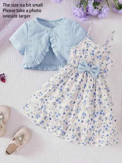 Young Girls Spring/Summer Knitted Hollow Out Cropped Top & Floral Print Sleeveless Dress 2 Pieces Casual Set