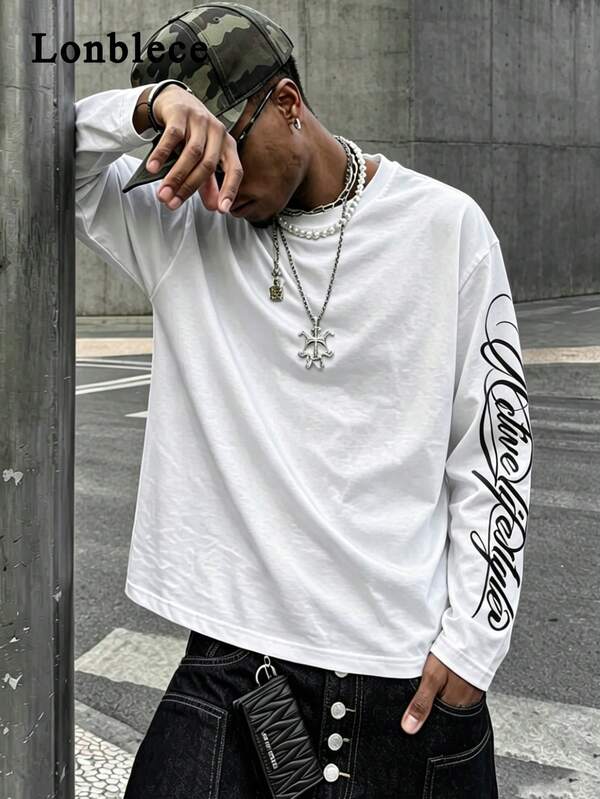 Lonblece 1pc Men's Loose White Long Sleeve T-Shirt, Hip-Hop Style Line Letter Print Casual Streetwear Daily Top
