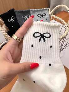 1/5 Pairs Women's Black White Grey Polka Dot Bow Ribbed Mid-Calf Socks, Breathable Comfortable, Sweet, Suitable For Daily Commute, Sweat-Absorbing Wear-Resistant Casual, Multi-Color Polka Dot Bow, Anti-Slip Wear-Resistant, Basic Style, Suitable For Date Party, Women's Socks, Easy To Match, Comfortable Fabric, Randomly Mixed - Multicolor - View 2