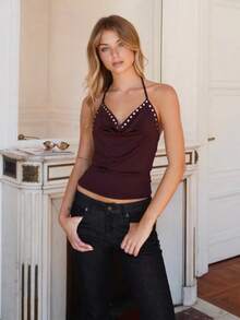 Womens Rivets Studded Halter Neck Plunge Cami Top Self-Tie Spaghetti Straps V-Neck Cut Out Front Crop Tank Top Camisole Vest Y2K Streetwear Party Tops - F214542-棕色 - 查看 4