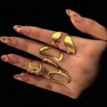 4pcs Fashionable Stainless Steel Rings With Simple Hollow Geometric Design, Versatile Casual Stacking Rings, Perfect Gift For Her, Suitable For Teenagers - Gold - View 4