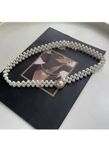 Row Pearl Waist Chain For Women, Elastic Fashion Belt For Dresses, Chic Boho Body Jewelry, Party Accessory Concert Outfit - White - View 4
