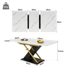 Extendable Dining Table (120-160*80cm), Kitchen/Living Room Table, Extendable To 160cm With The Help Of An Internal Extension Leaf, Dining Table With Golden Cross Legs - 黑色 - 查看 2