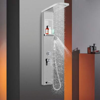 Pannello doccia in acciaio inox con mensola e miscelatore, colonna doccia a 5 modalità con getto a pioggia e nebulizzato, 4 ugelli massaggianti ad ampio angolo regolabili, doccetta a mano e bocca di erogazione a cascata per vasca, set doccia per bagno, argento/nero/bianco