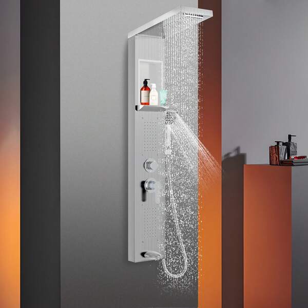 Pannello doccia in acciaio inox con mensola e miscelatore, colonna doccia a 5 modalità con getto a pioggia e nebulizzato, 4 ugelli massaggianti ad ampio angolo regolabili, doccetta a mano e bocca di erogazione a cascata per vasca, set doccia per bagno, argento/nero/bianco