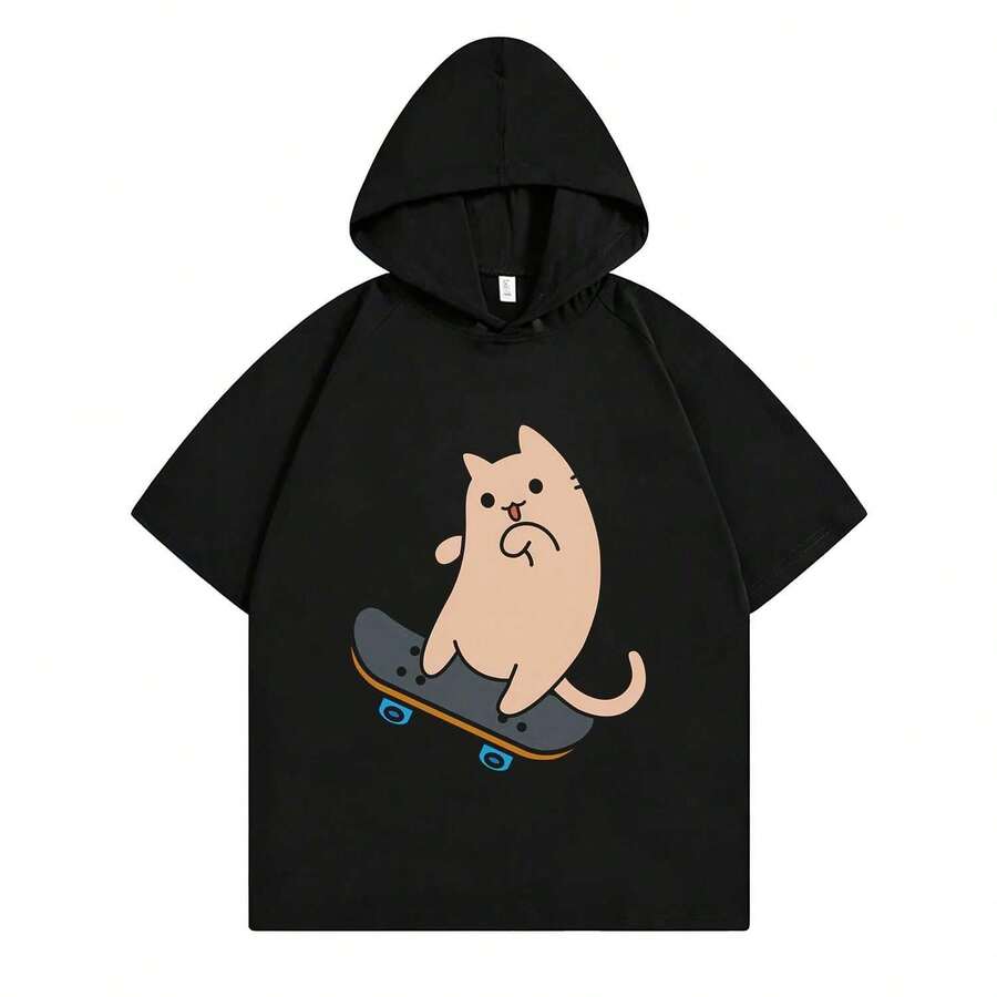 Black Cartoon Cat Graphic Hooded Short-Sleeve T-Shirt Hoodie With Light Beige Cat And Skateboard Design. Casual And Cute, Perfect For Summer Everyday Wear. - Black 9 - View 1
