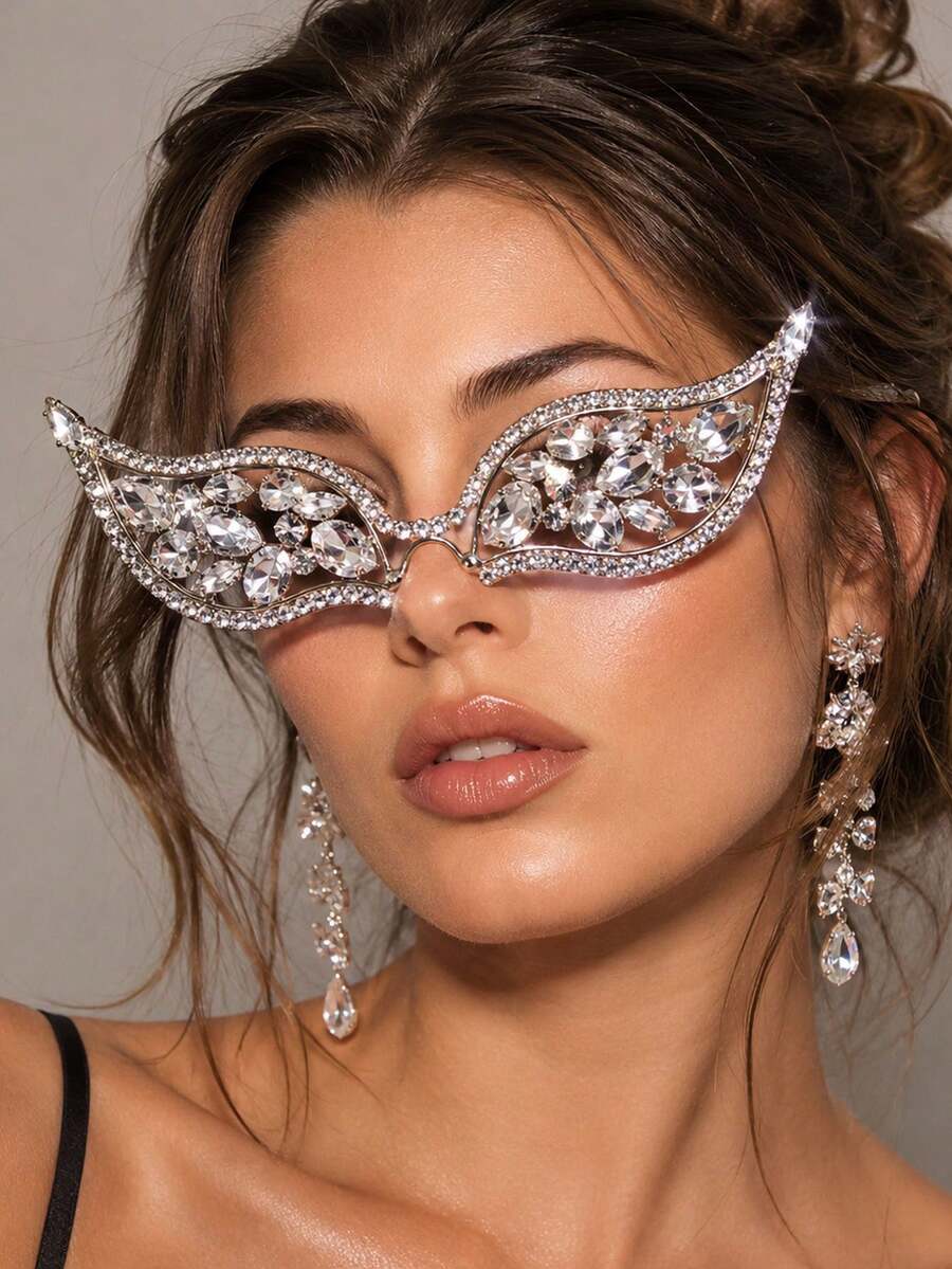 1pc Geometric Eyeglasses Frame, Exaggerated Women's Luxury Rhinestone Glasses Frame Without Lenses, Personalized Party Decoration - Silver - View 1