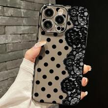 Coquette 風格黑色蕾絲波點透明手機殼，適用於 iPhone - 黑色 - 查看 1