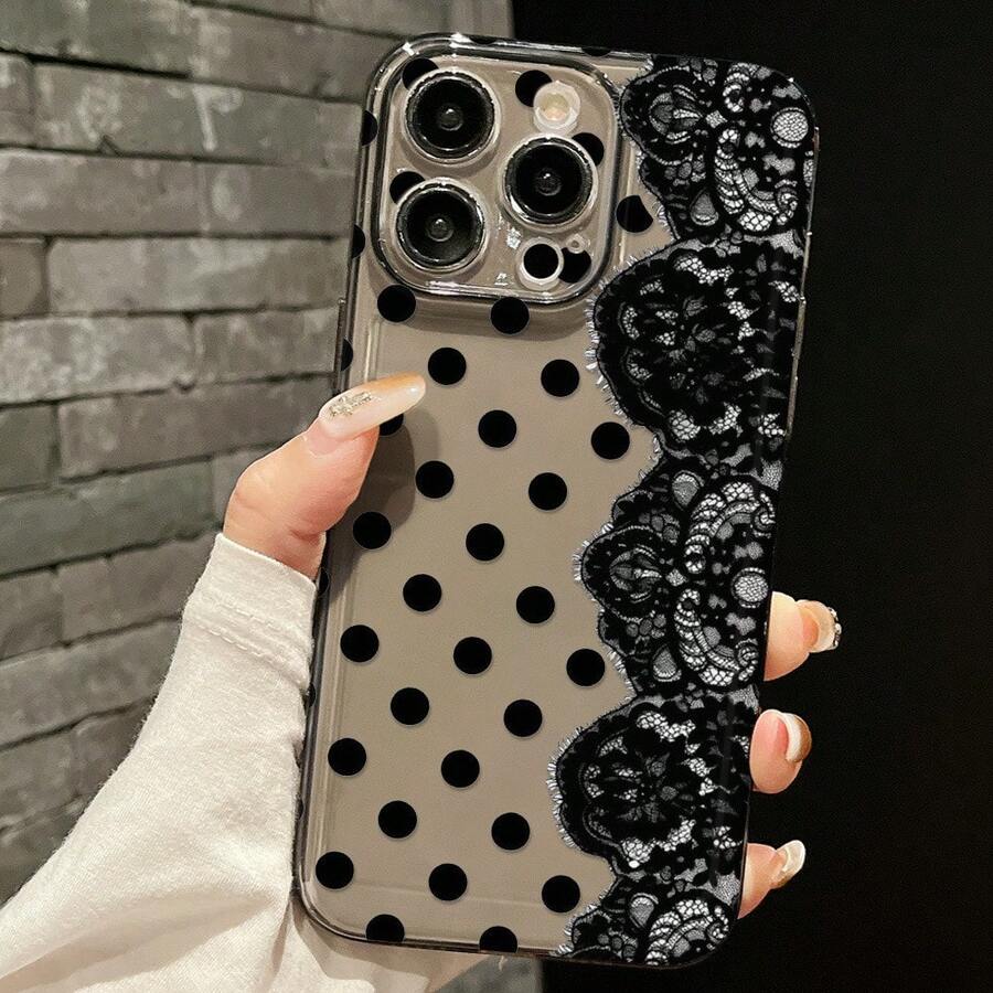 Coquette 風格黑色蕾絲波點透明手機殼,適用於 iPhone - 黑色 - 查看 1