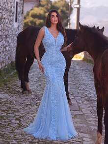 Faeriesty Elegant Women's Sleeveless Deep V-Neck Mermaid Style Long Dress, With Hollow Mesh Back Design Fall Wedding - Blue - View 2