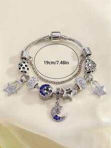 1pc Teen Crafted Fashionable Couple's Style Blue Moon And Stars Lock Polymer Clay Soft Clay Heart Cutout Beaded Pendant For DIY Snake Chain Bracelet Making - Multicolor - View 4