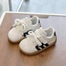1 par de zapatos para niños talla 21-30, zapatos pequeños blancos con cordones de imitación de cuero, zapatillas casuales con suela blanda antideslizante para bebés/niños pequeños, unisex adecuados para todas las estaciones - Negro - Ver 1