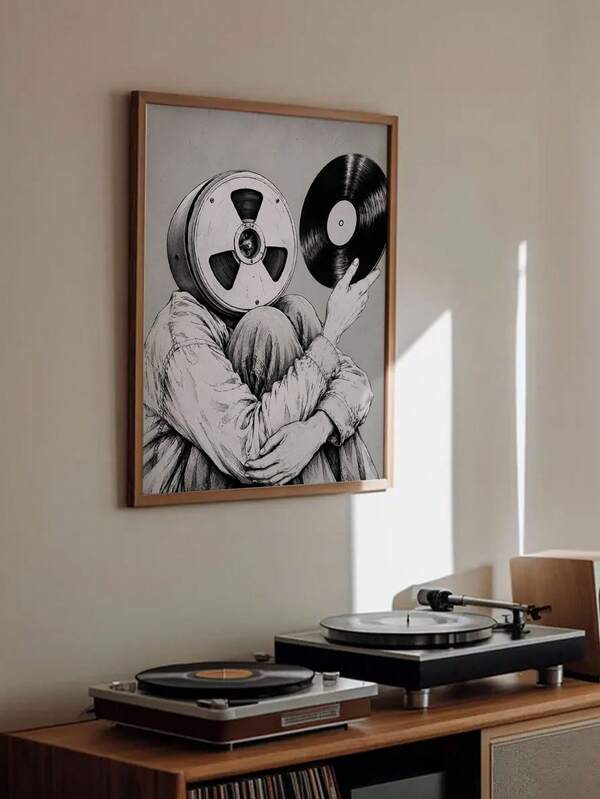 1 tấm tranh canvas đĩa than vinyl phong cách vintage đen trắng, tranh trang trí âm nhạc trừu tượng retro cho người yêu nhạc, phù hợp phòng khách, phòng ngủ và các không gian khác, tranh treo tường không khung