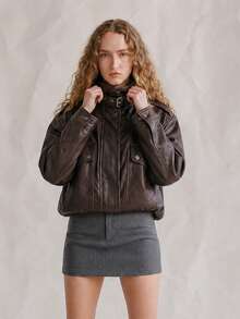 OUTTA BOX Vintage Distressed Washed PU Casual Women Jacket For Autumn - Mocha Brown - View 4