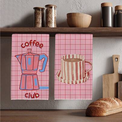 2pcs Kitchen Towels, Pink Plaid & Stripe Coffee Themed Print, 40*60cm Absorbent Microfiber Dish Cloths, Hand Towels, Kitchen Decor, Housewarming Gift, Suitable For Kitchen & Bathroom, Great For Homemakers & Family Gatherings,