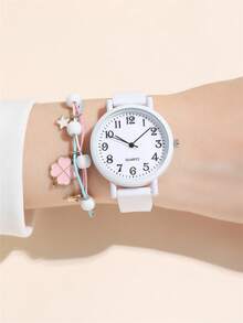 2pcs/Set Minimalist Numeric Dial Quartz Silicone Strap Watch + Bracelet, Fashion Student Watch - White - View 2