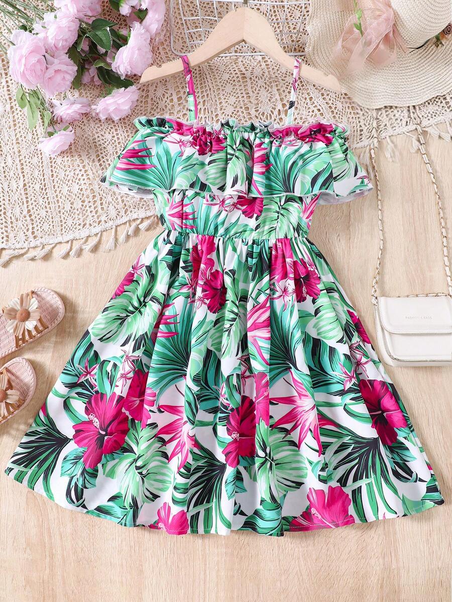 Tween Girl Summer Floral Printed Ruffle Hem Spaghetti Strap Casual Dress - Green - View 1