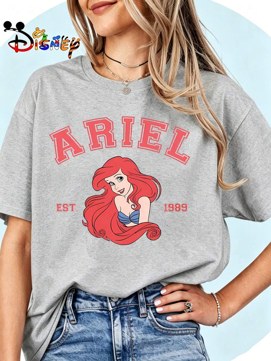 Breathable Cotton Disney Fan Tee | Ariel "Est. 1989" Princess Portrait Print | Classic Disney Pullover Shirt - Xám - Xem 1