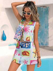 Conjunto de 2 piezas de top con amarre delantero y minifalda con estampado de limón y fresa para vacaciones - Azul - Ver 2
