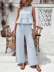 Conjunto casual de 2 piezas con blusa plisada de unicolor y pantalones de pierna ancha para mujer - Celeste - Ver 4