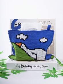 1 pieza Funda decorativa para caja de pañuelos, patrón de pato mirando al cielo, punto jacquard azul tranquilo, caja organizadora de pañuelos - Multicolor - Ver 5