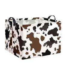 1PC Brown And Black Cowhide-Patterned Rectangular Storage Basket, Foldable Fabric Storage Box With A Western Cowhide Design And Handles, Perfect For Farmhouse, Bedroom, Or Living Room Decor - Brown - View 3