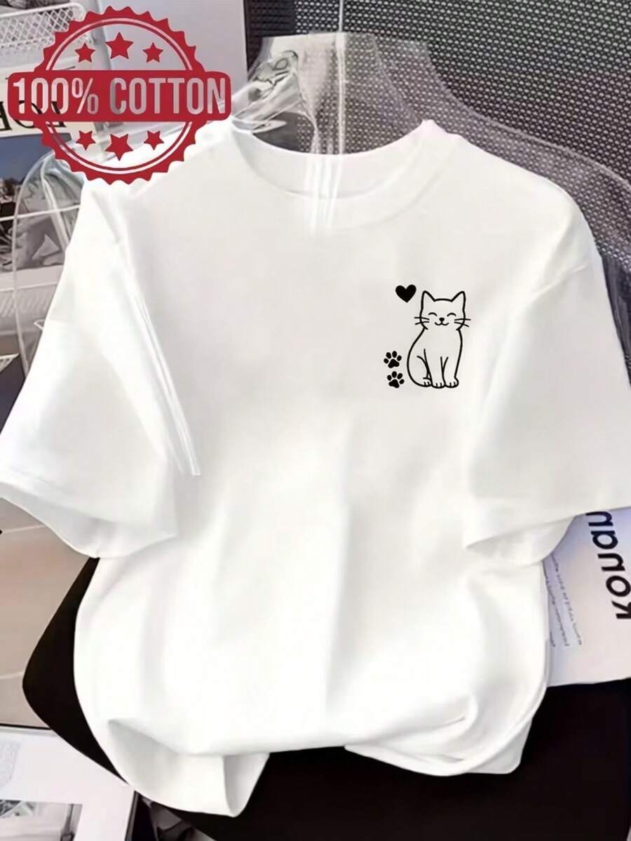 Fashionable Short-Sleeved T-Shirt, Pink Letter-Printed Casual Women's 100% Cotton Top, Women's Clothing - White - View 1