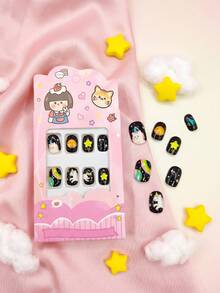 24 piezas de uñas postizas de estilo Y2K para niños, material acrílico, gel precubierto, cobertura total, patrones lindos y brillantes que incluyen elementos cósmicos: planetas, cometas, pentagramas, arcoíris, creando un cielo estrellado caprichoso, figuras de unicornio redondas y lindas en poses frontales y en movimiento, llenas de encanto infantil, pegatinas de uñas cortas, ideal para niñas pequeñas - Tema de unicornio cósmico soñador - Multicolor - Ver 2