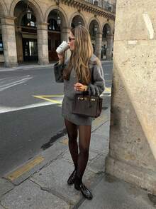 Women's Fuzzy Knit Two Pieces Set, Round Neck Loose Sweater + Elastic Waist Mini Skirt, Fashionable Autumn Outfit - Grey - View 2
