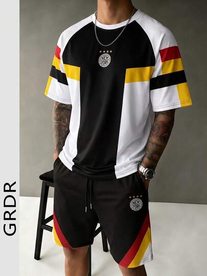 GRDR Conjunto de Shorts e Camisa de Manga Curta com Estampa Digital de Retalhos Coloridos e Emblema, Masculino, Verão, Negócios, Festa, Casual, Confortável, Respirável, Moda de Ponta